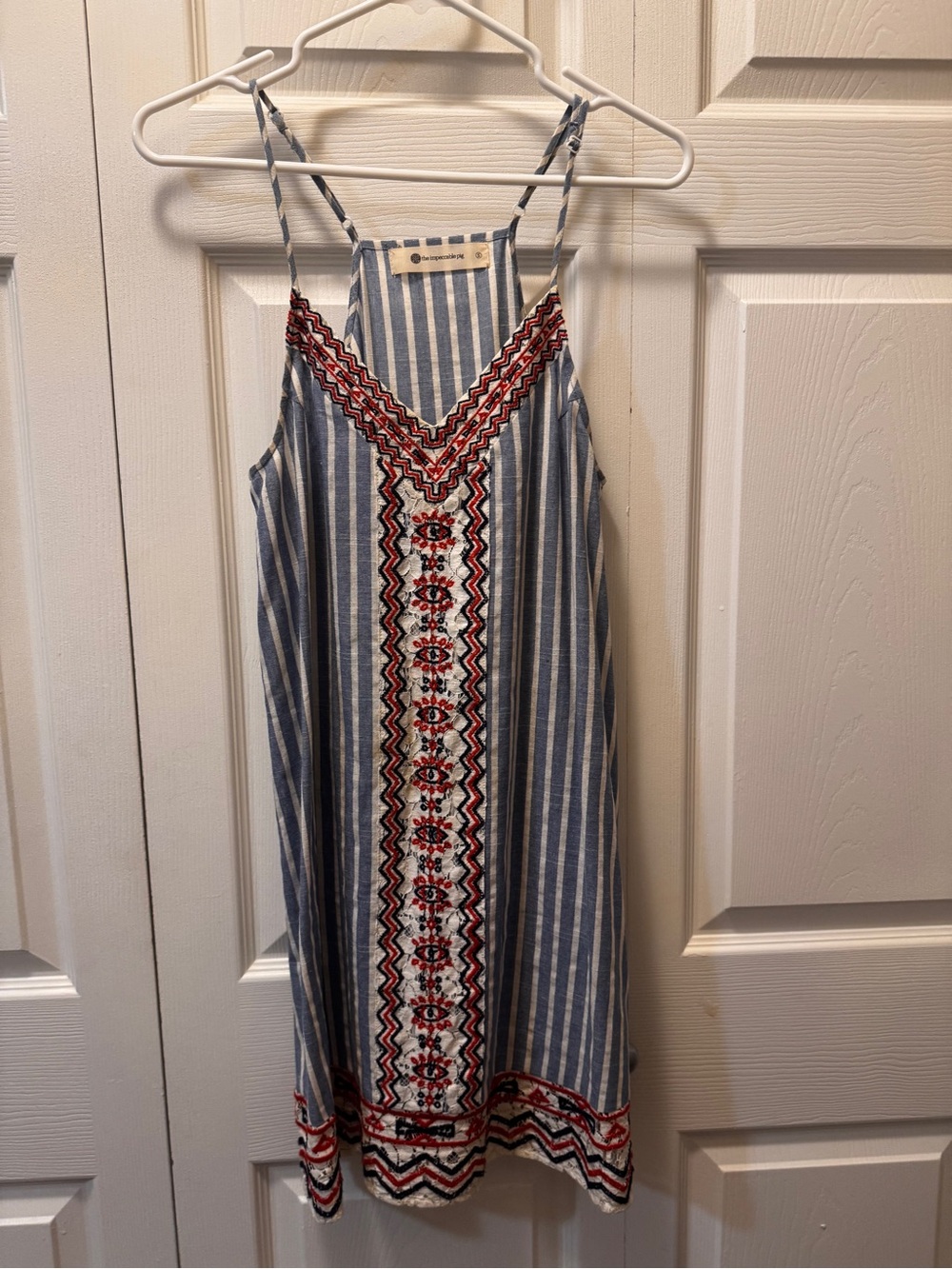 Striped Embroidered Spaghetti Strap Dress - Blue & Red